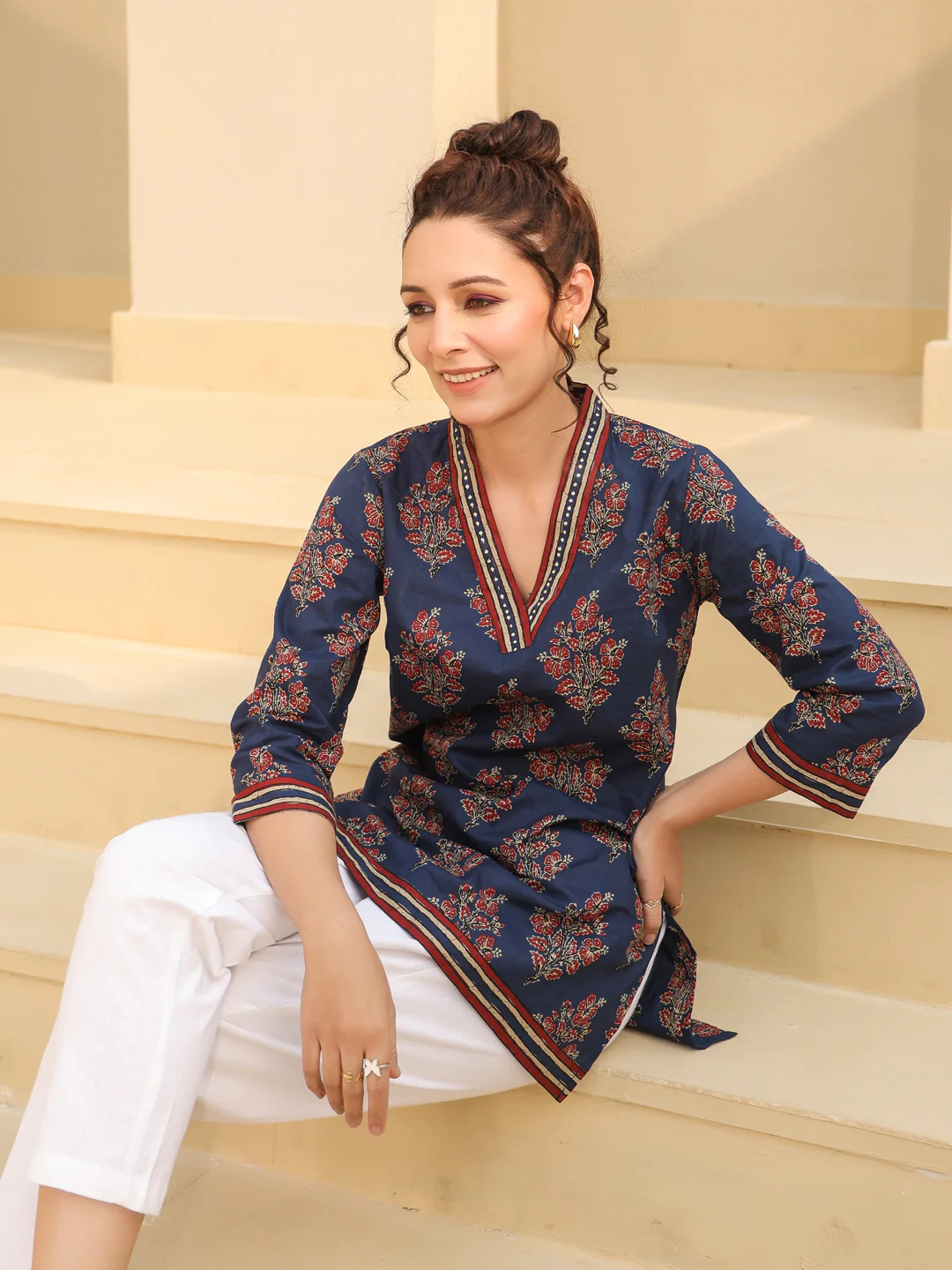 Blue Printed Blue Cotton Top Kurti