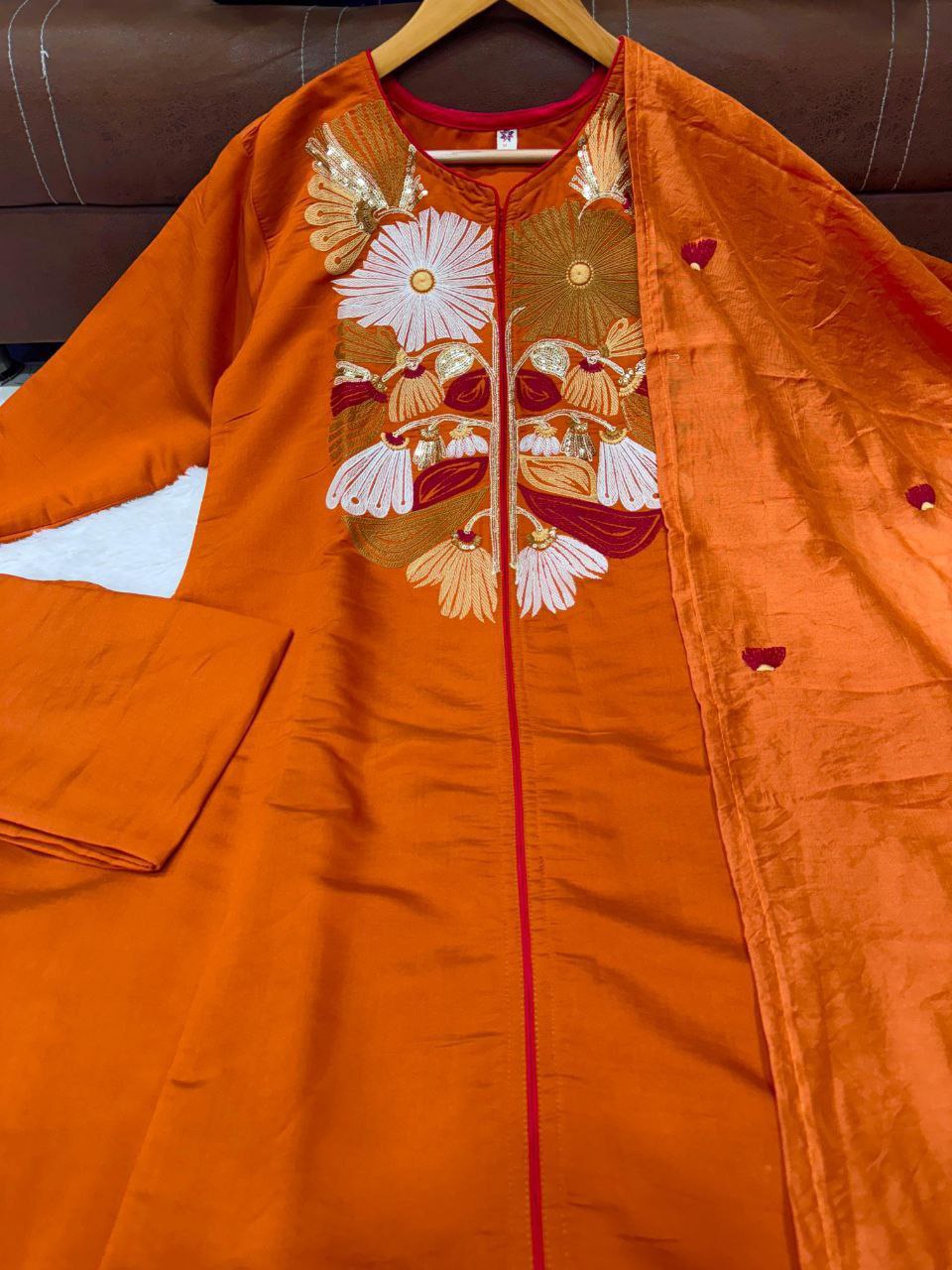 Orange Chanderi Silk Heavy Thread Embroidery Work Kurta Pant Set