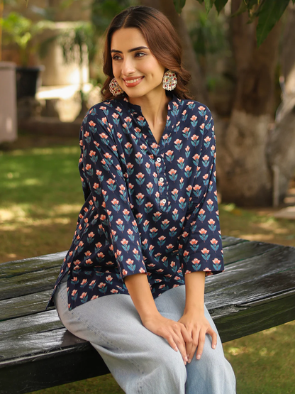 Mandarin Collar Floral Printed Straight Kurti