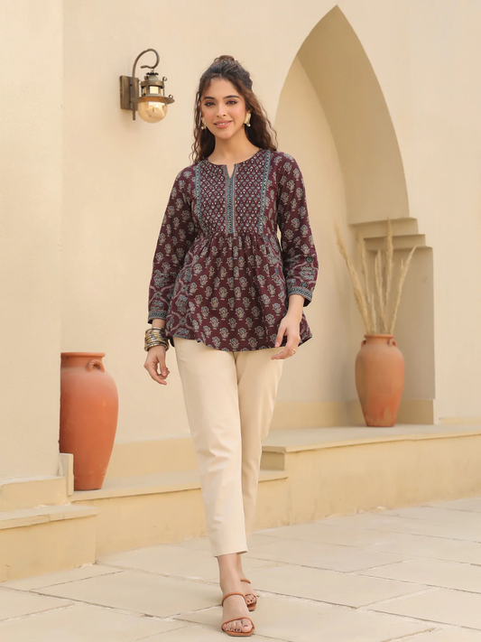 Wine Print Cotton Top Kurti