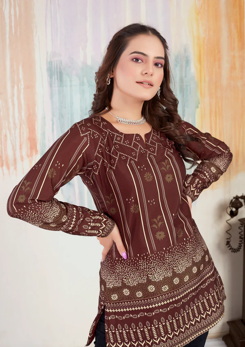 Brown Choko Moko Cotton Printed Short Kurti With Full Sleeves