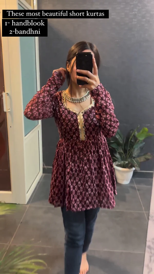Maroon Cotton Handblock Short Less Top