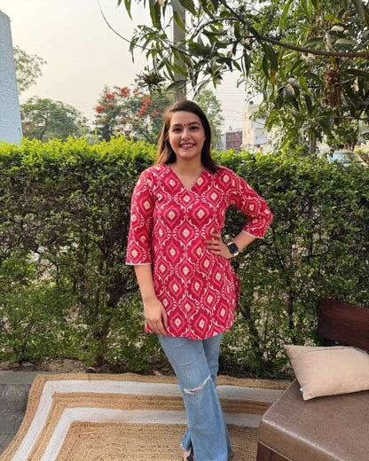 Peach ikkat print kantha kurti