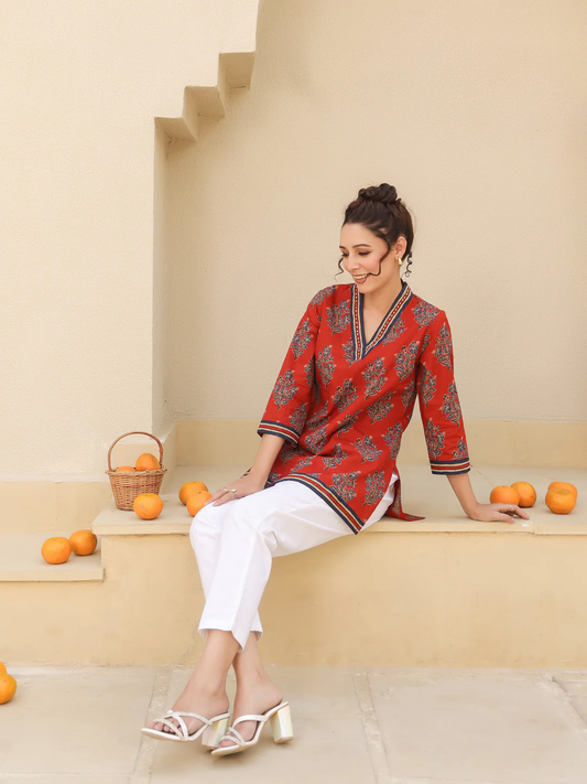 Print Mandarin Collar Cotton Top Kurti