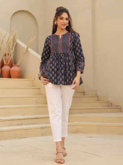 Print Mandarin Collar Cotton Shirt Style Top Blue Kurti
