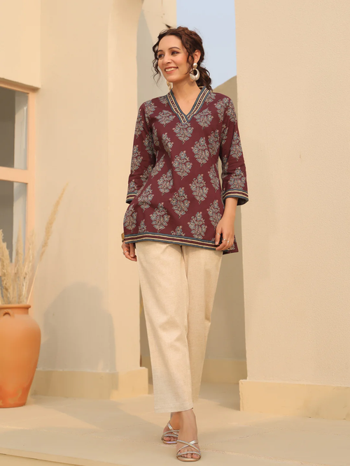 Red Printed Cotton Top Kurti