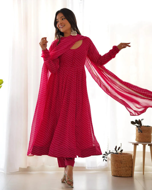 Georgette Leheriya Print Anarkali 4M Flair Kurti Pant Dupatta Set