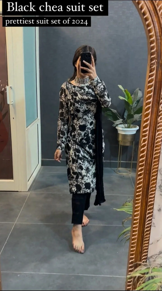 White Color Georgette 3pc Set With Beautiful Print