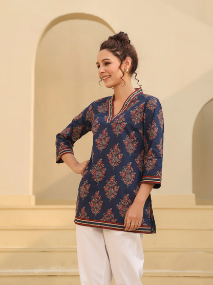 Blue Printed Blue Cotton Top Kurti