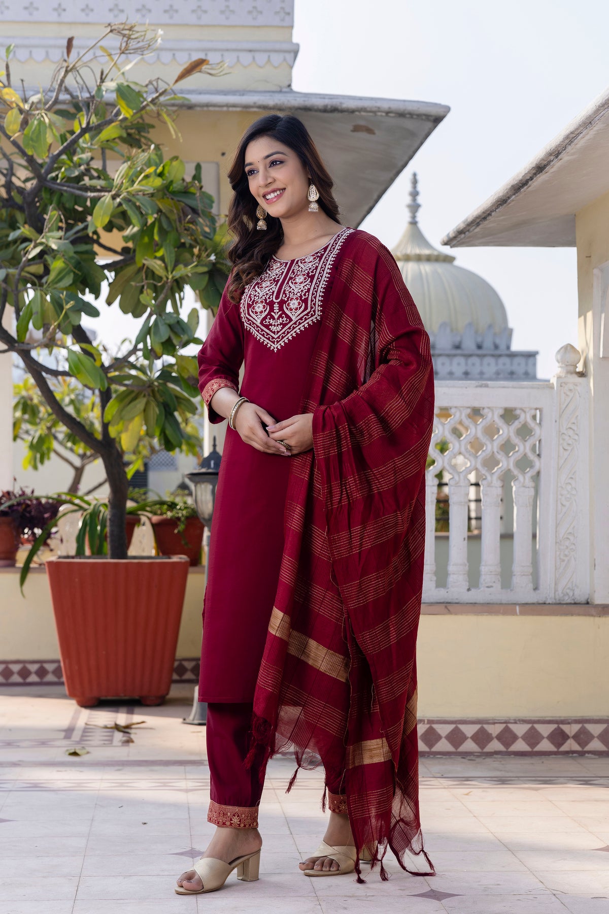 Skylee Maroon Rayon Blend Embroidered Kurta Set With Dupatta