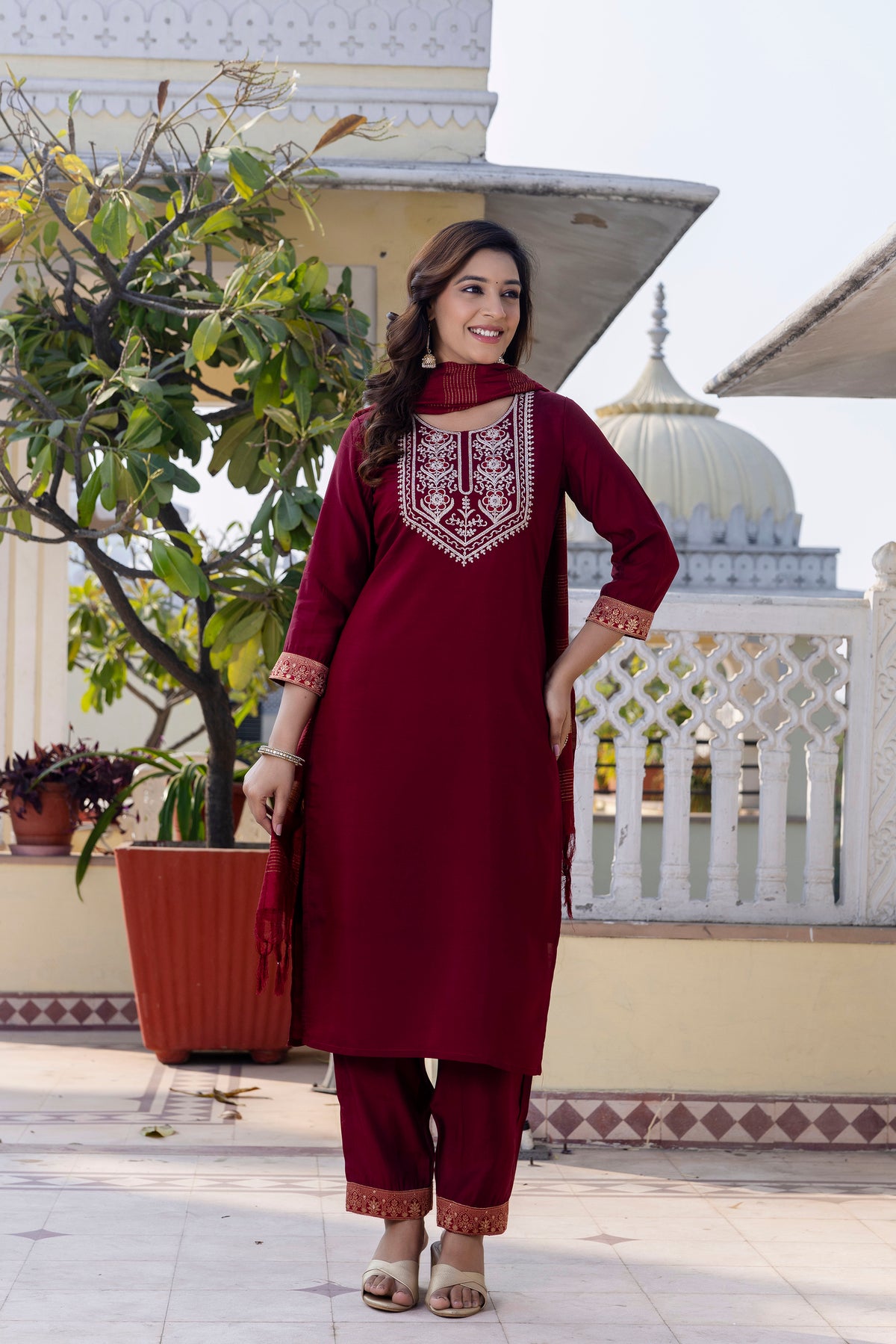 Skylee Maroon Rayon Blend Embroidered Kurta Set With Dupatta