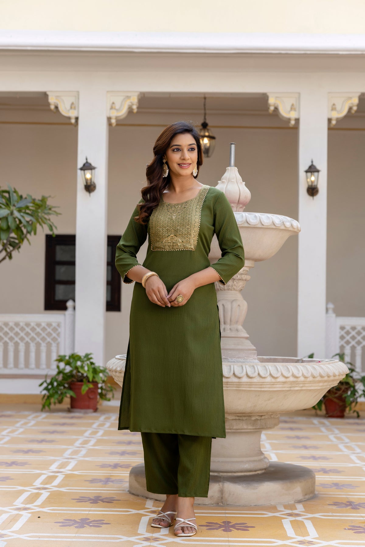 Moss-Green Tissue With Floral Print and Embroidery Kurta Set