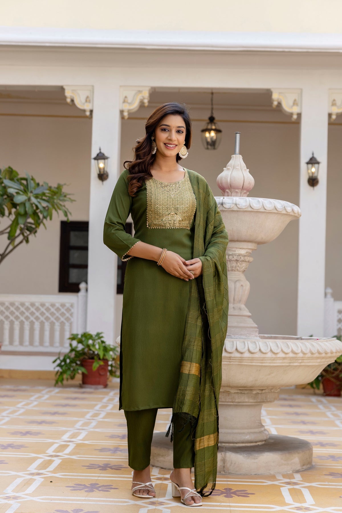 Moss-Green Tissue With Floral Print and Embroidery Kurta Set