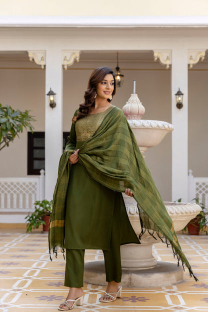 Moss-Green Tissue With Floral Print and Embroidery Kurta Set
