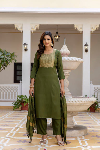 Luxury Mehendi Green Embroidery Work Salwar Suit