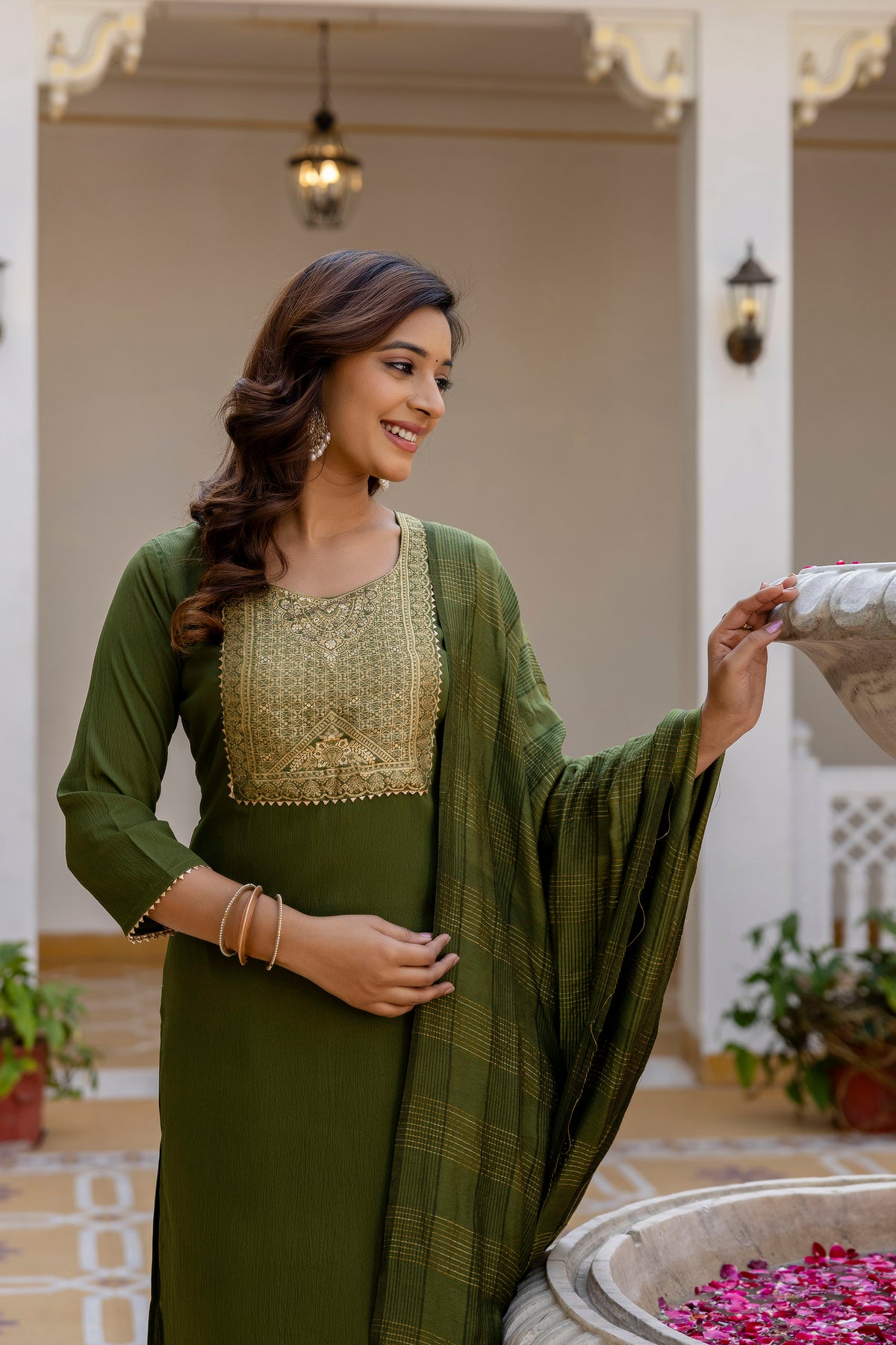 Moss-Green Tissue With Floral Print and Embroidery Kurta Set