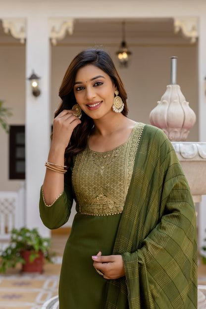 Luxury Mehendi Green Embroidery Work Salwar Suit