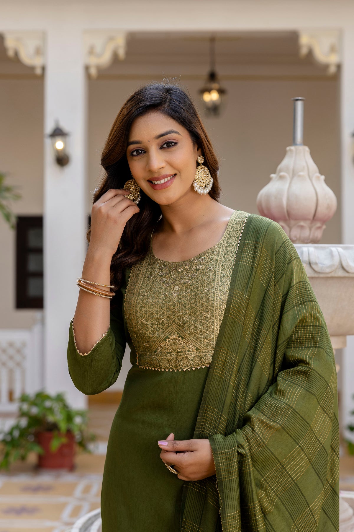Moss-Green Tissue With Floral Print and Embroidery Kurta Set