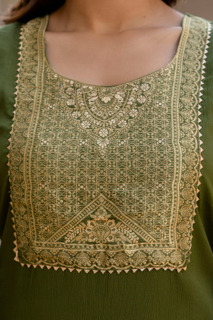 Moss-Green Tissue With Floral Print and Embroidery Kurta Set