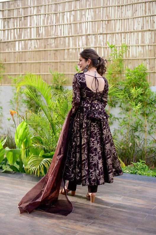 Excellent Party Wear Brown Colour Organza Shimmer Suit Set
