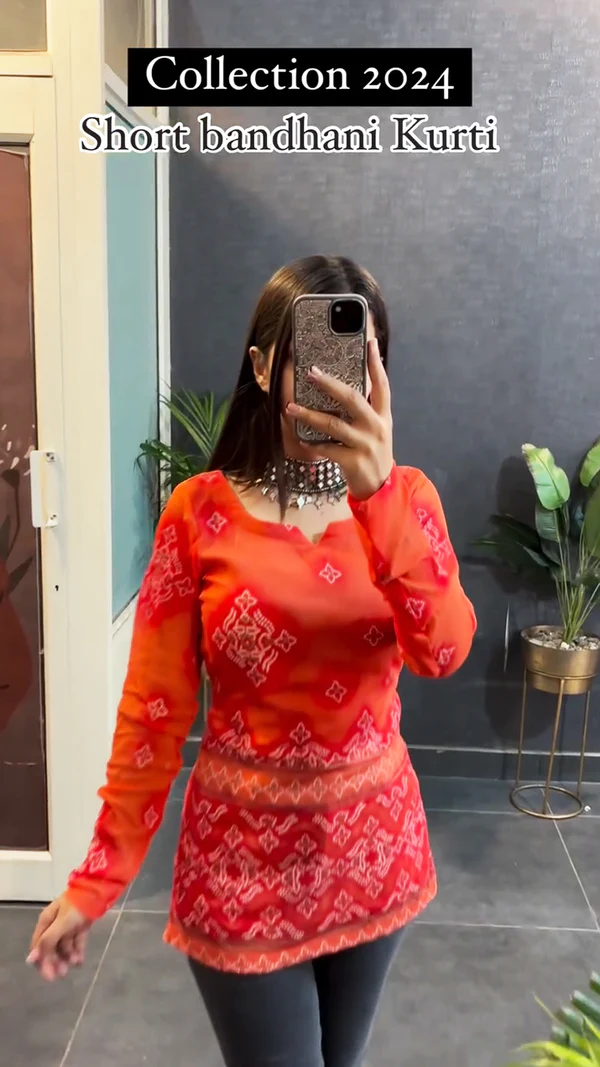 Festive Special Short Rust Orange Bandhani Short Kurti