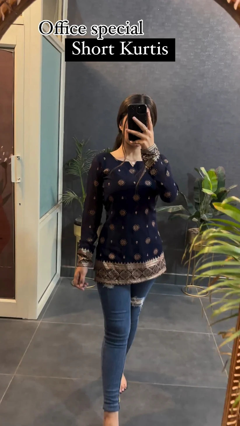 Blue Premium Cotton Printed Short Kurti