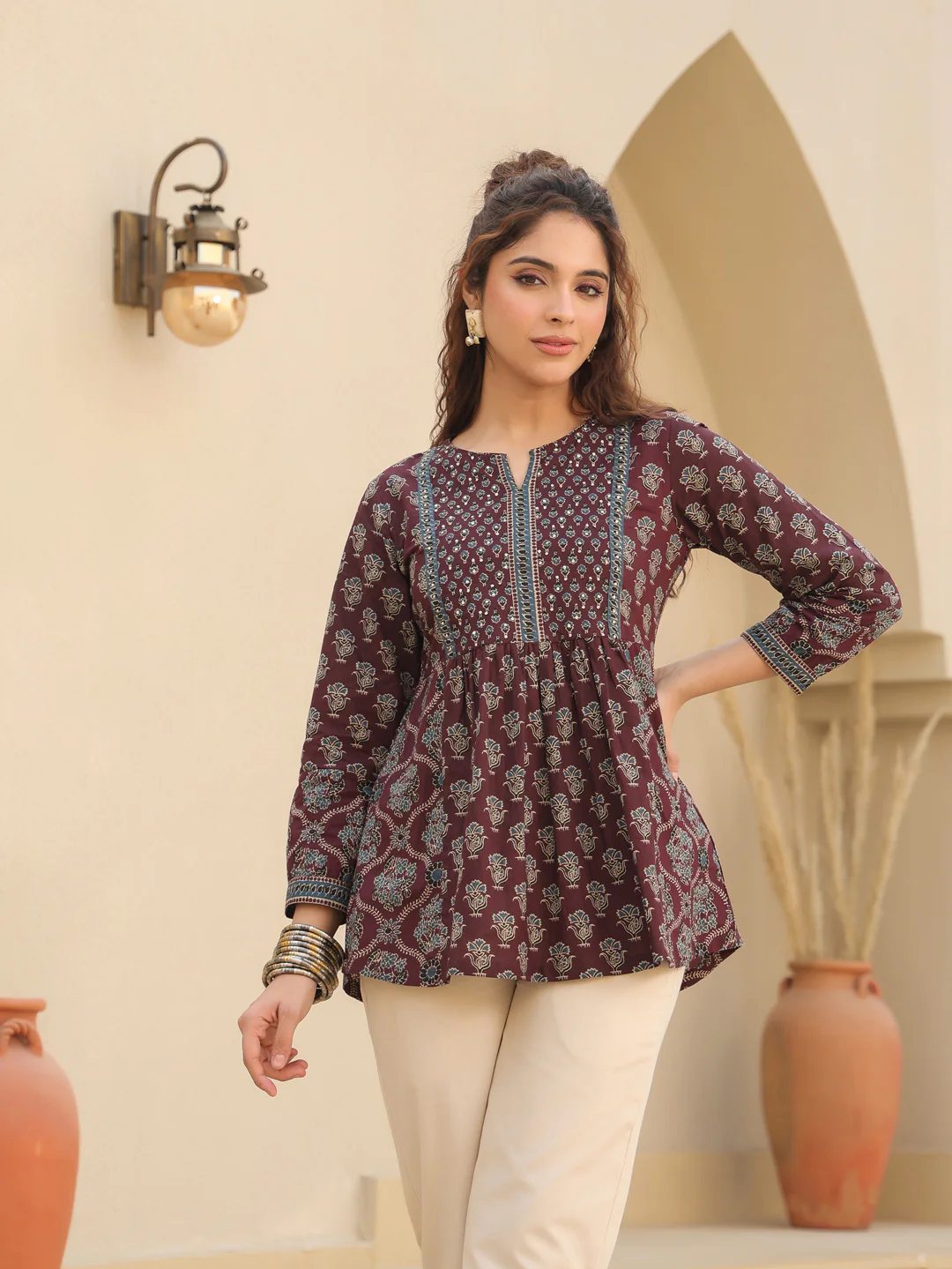 Wine Print Cotton Top Kurti