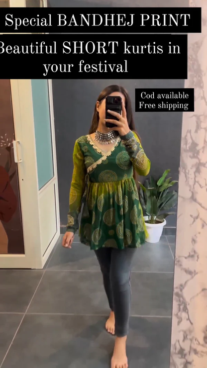 Cotton Green Bandhani Printed Short Top