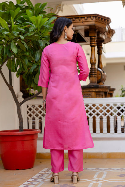 Baby Pink Embroidered Jacquard Cotton Straight Kurta Pant Dupatta Suit Set