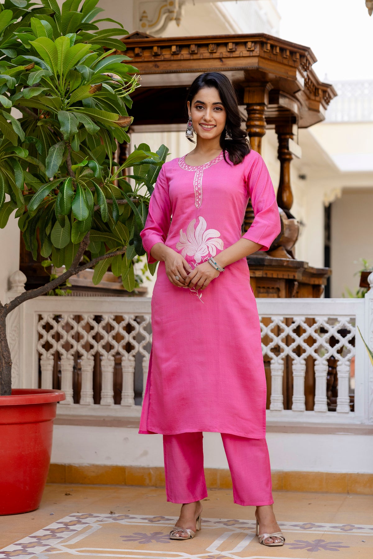 Baby Pink Embroidered Jacquard Cotton Straight Kurta Pant Dupatta Suit Set