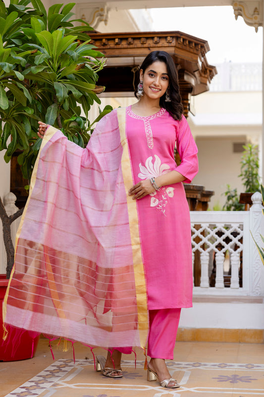 Baby Pink Embroidered Jacquard Cotton Straight Kurta Pant Dupatta Suit Set