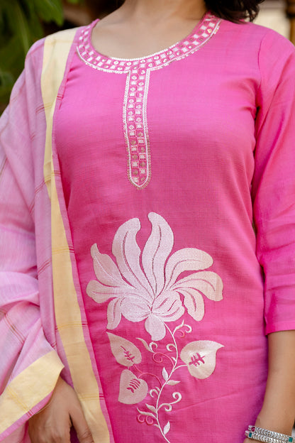 Baby Pink Embroidered Jacquard Cotton Straight Kurta Pant Dupatta Suit Set