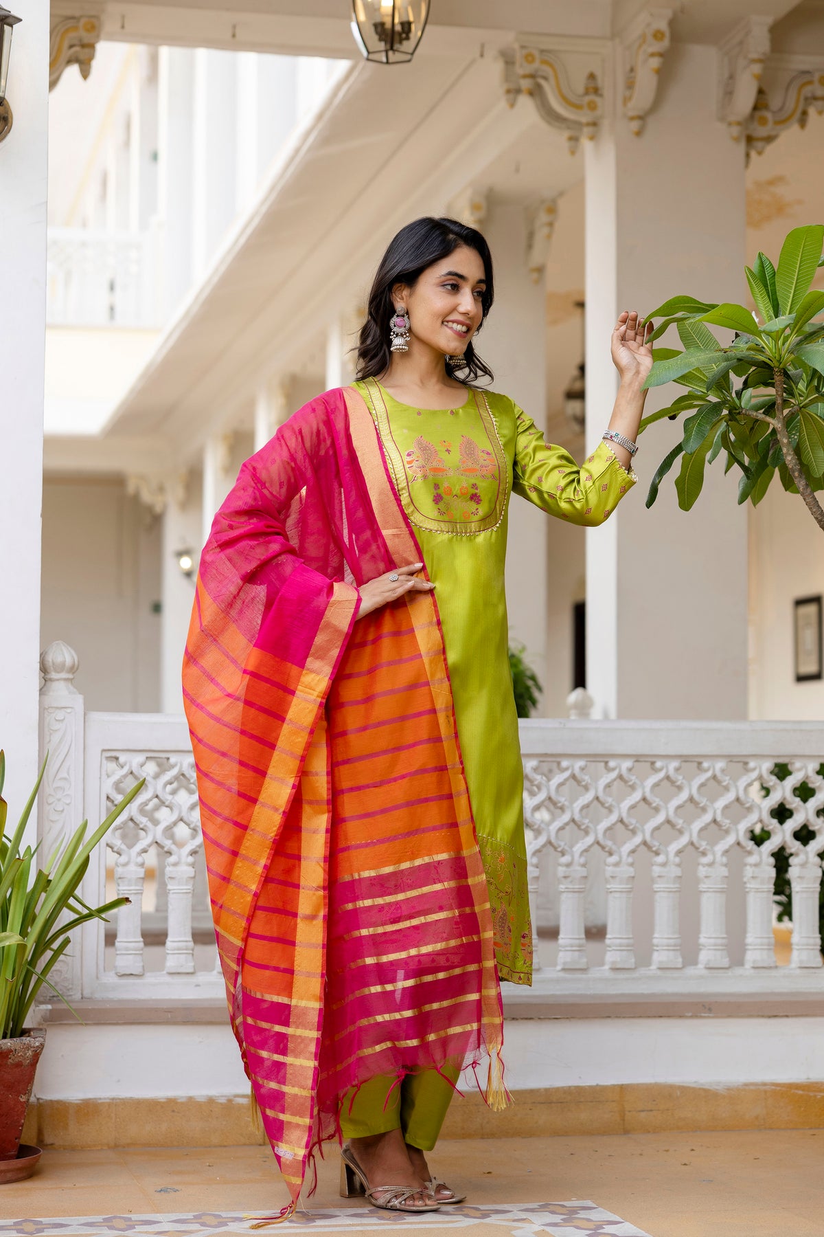 Lime & Pink Tie-Dye Sleeveless Straight Kurta Set with Dupatta for womens