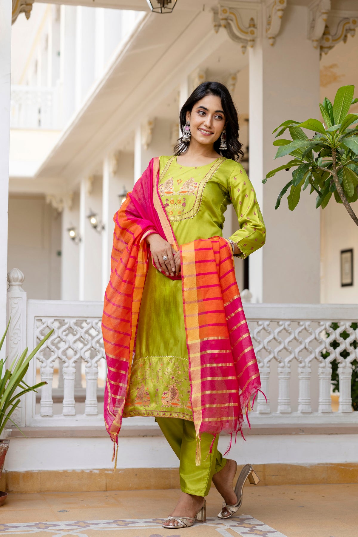 Lime & Pink Tie-Dye Sleeveless Straight Kurta Set with Dupatta for womens
