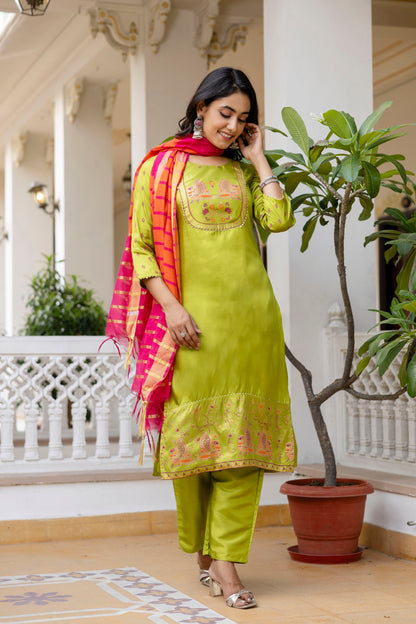 Lime & Pink Tie-Dye Sleeveless Straight Kurta Set with Dupatta for womens