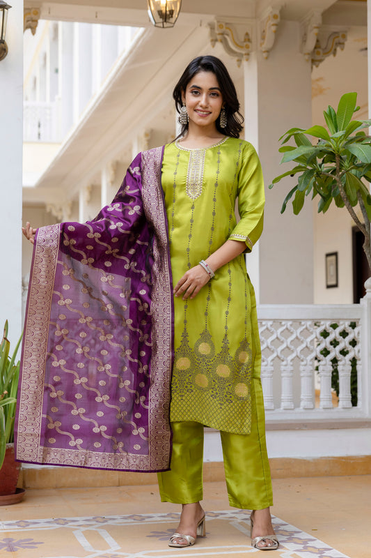 Green Self Design Silk Straight Suit With Dupatta