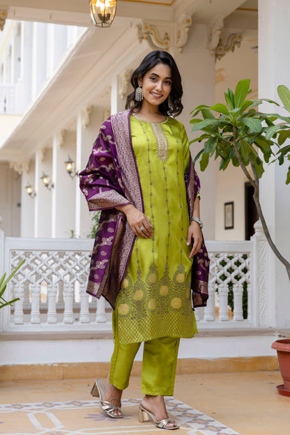 Green Self Design Silk Straight Suit With Dupatta