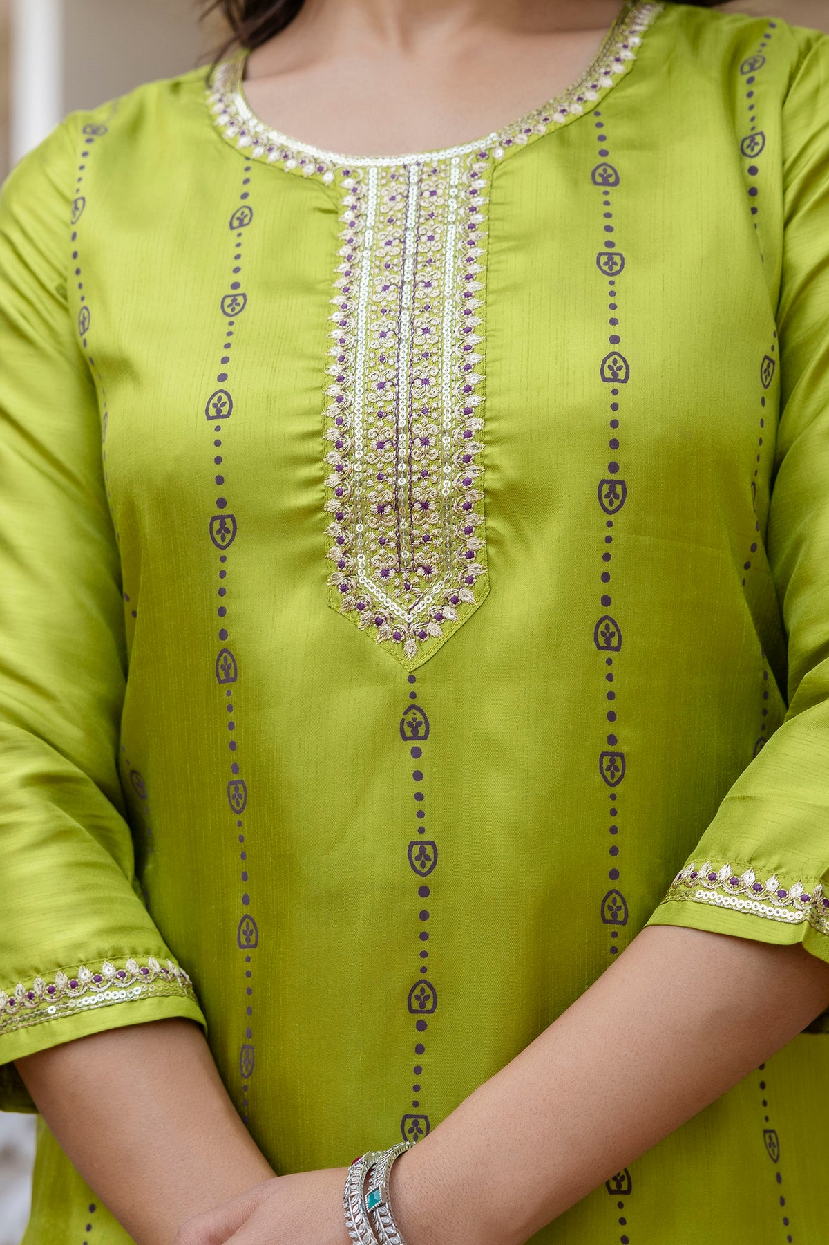 Green Self Design Silk Straight Suit With Dupatta