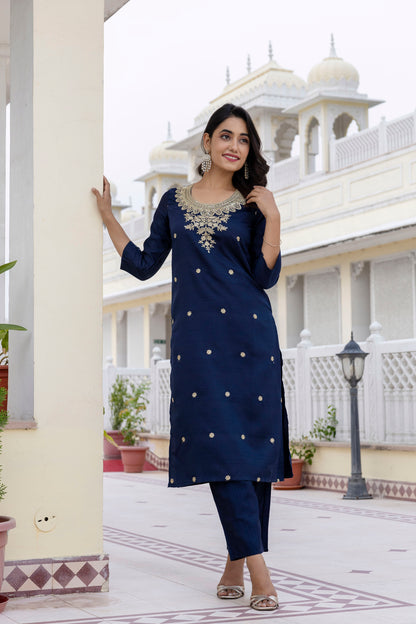 Vegaa Fashion Navy Blue Viscose Rayon Embroidered Salwar Suit