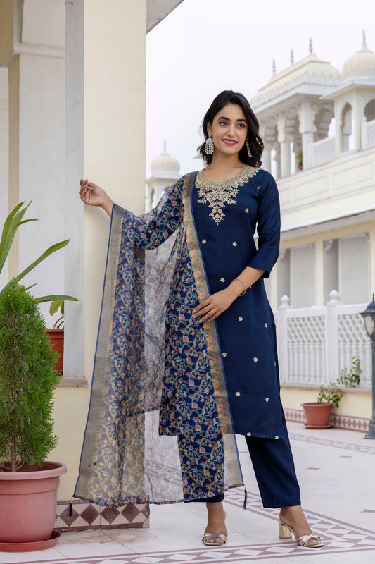 Vegaa Fashion Navy Blue Viscose Rayon Embroidered Salwar Suit