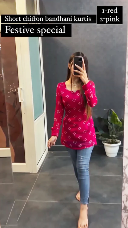Short chiffon Bandhani Kurtis for festival
