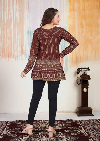 Brown Choko Moko Cotton Printed Short Kurti With Full Sleeves