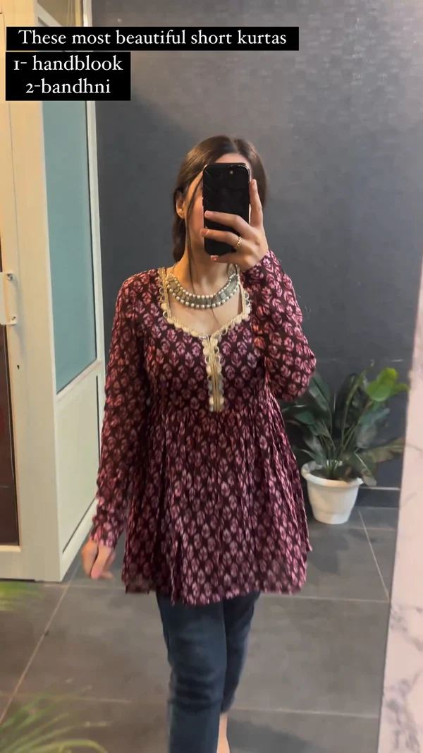 Maroon Cotton Handblock Short Less Top