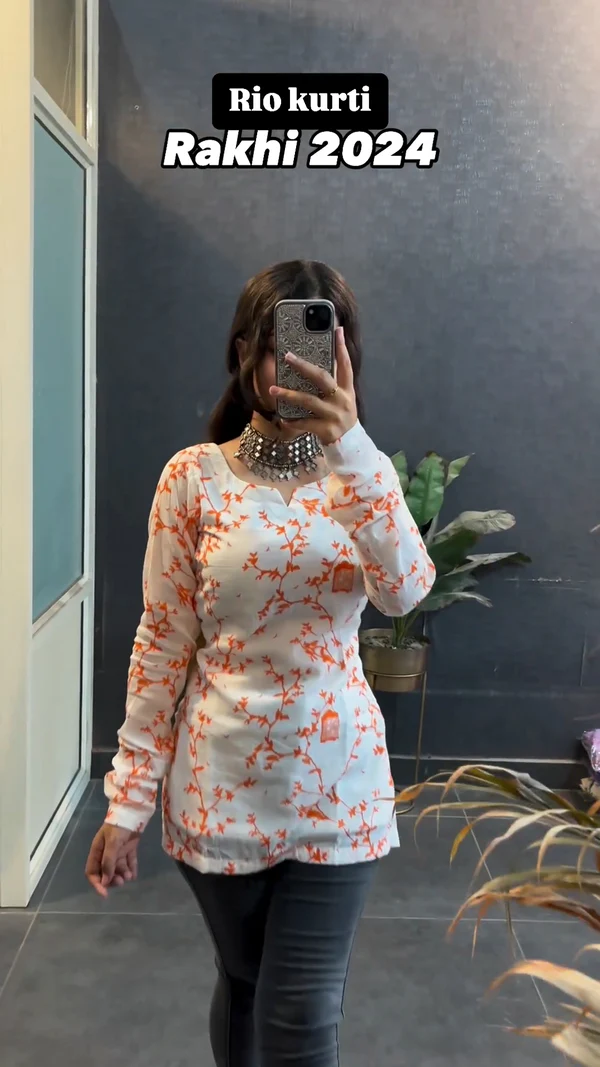 Rakhi New White Orange Printed Short Kurtas with lining