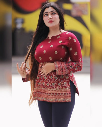 Maroon Jewish Cotton Printed Short Kurti