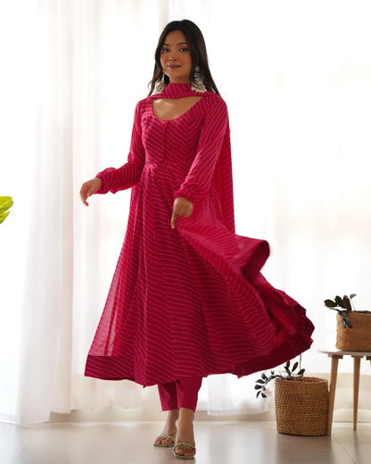 Georgette Leheriya Print Anarkali 4M Flair Kurti Pant Dupatta Set