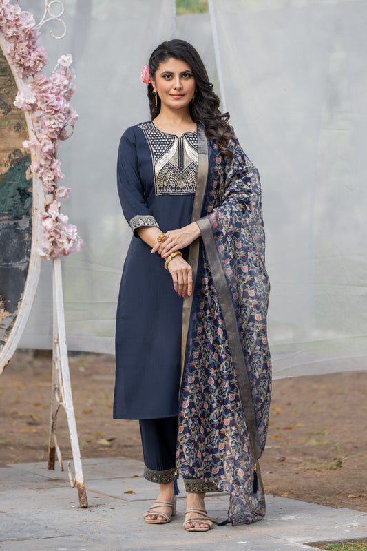 Blue Gottapati Work Silk Kurta Set