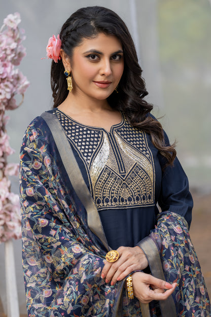 Blue Gottapati Work Silk Kurta Set