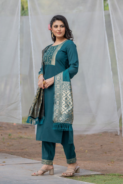 Women's Teal Rayon Slub Jacquard Straight Round Kurta Set