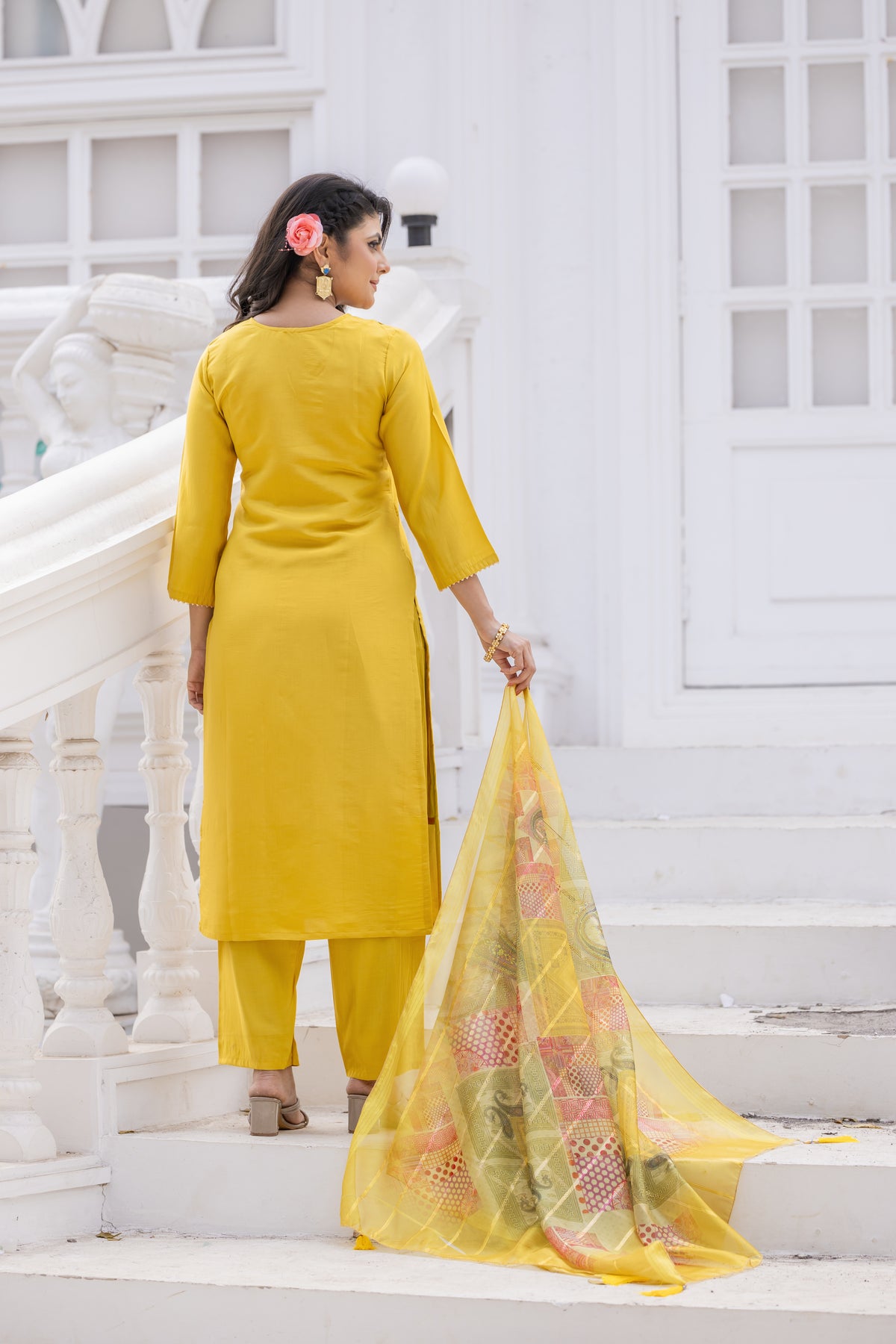 Floral Yoke Design Straight Kurta With Trouser & Dupatta